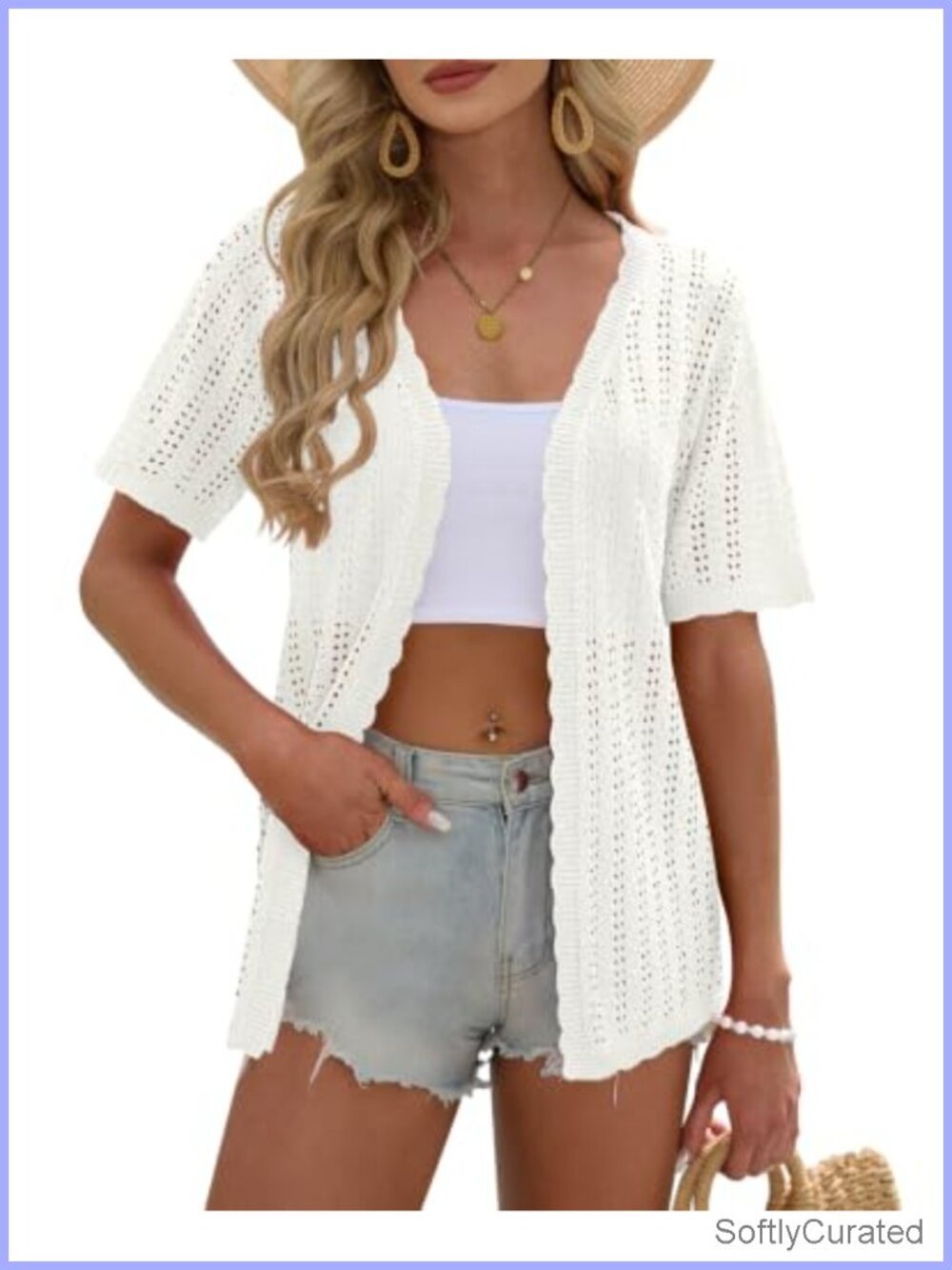 Womens Summer Short Sleeve Cardigan Pointelle Knit V Neck Cover Up